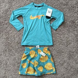 NWT Nike Boy's Hydroguard Waffle 2 Piece Swim Set Long-Sleeve Size 4 Green